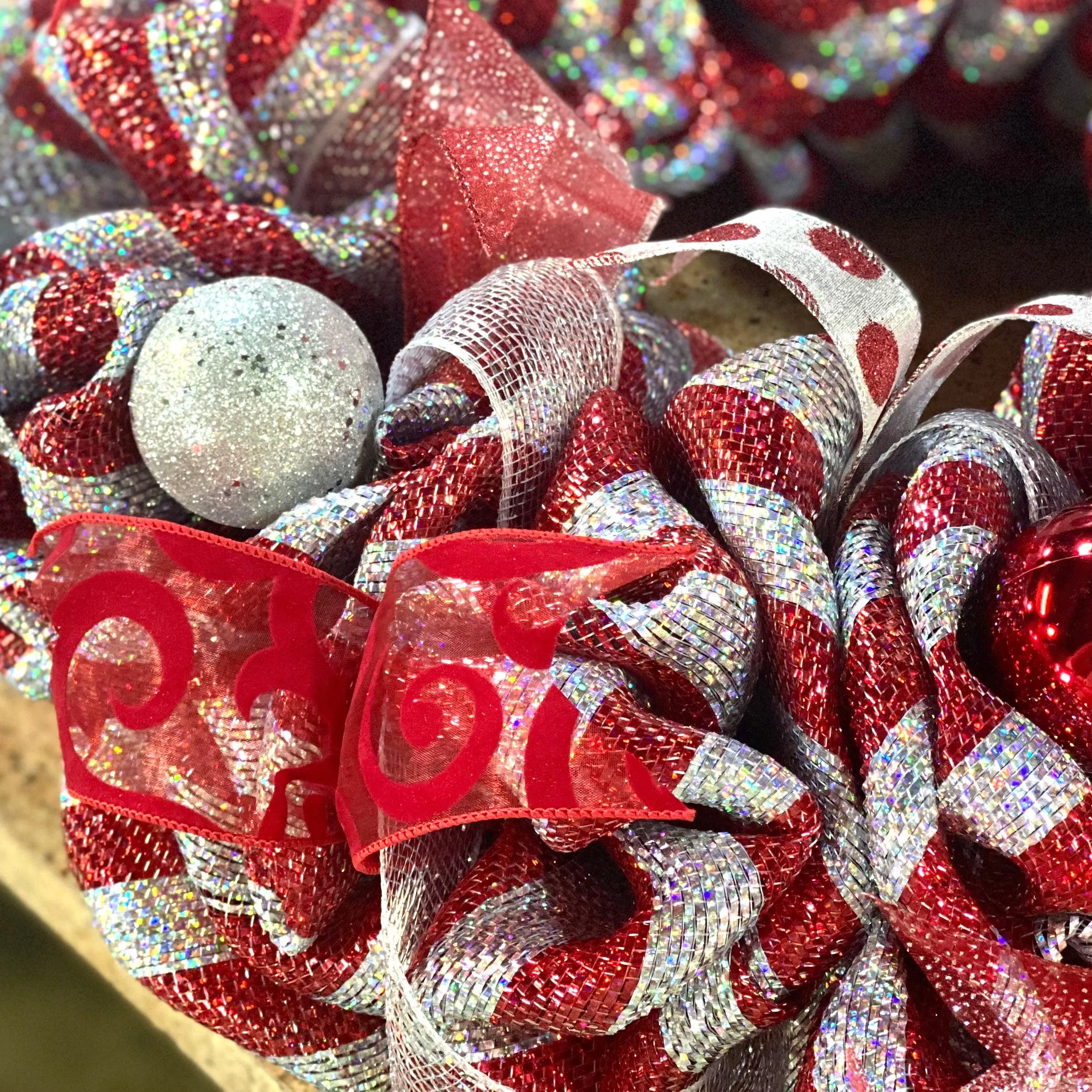 Red Christmas Wreath for Front Door, Silver and White