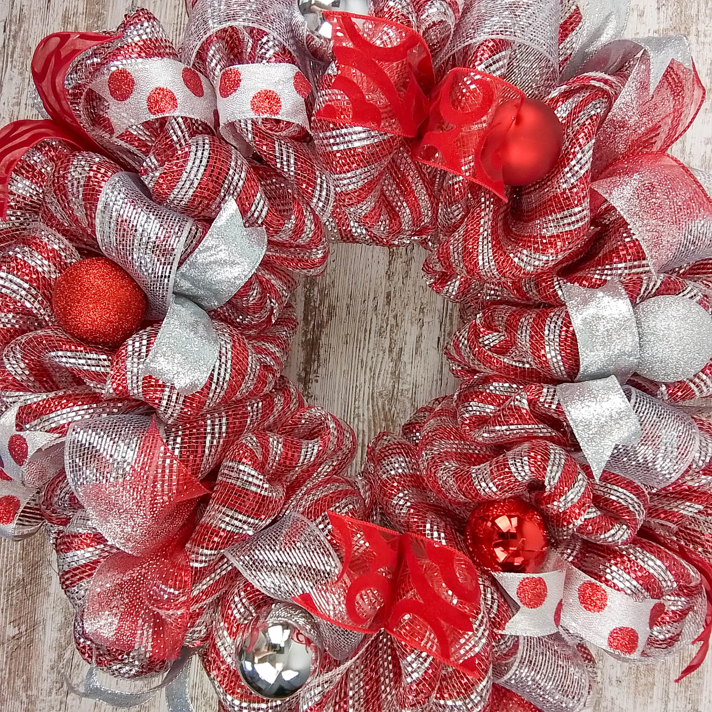 Red Christmas Wreath for Front Door, Silver and White