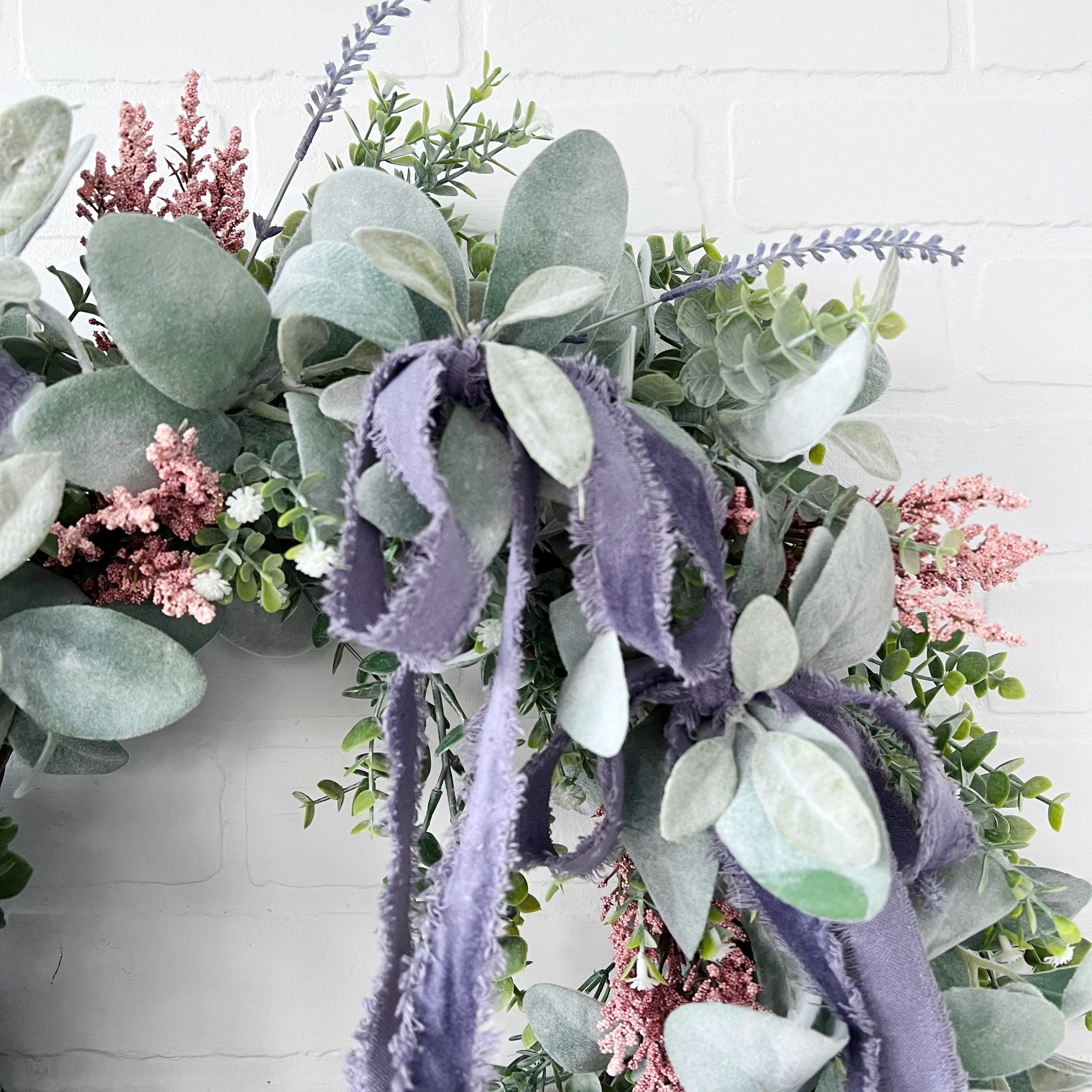 Spring Elegance Front Door Wreath - Artificial Lamb's Ear, Eucalyptus, and Lavender with Draping Velvet Bows