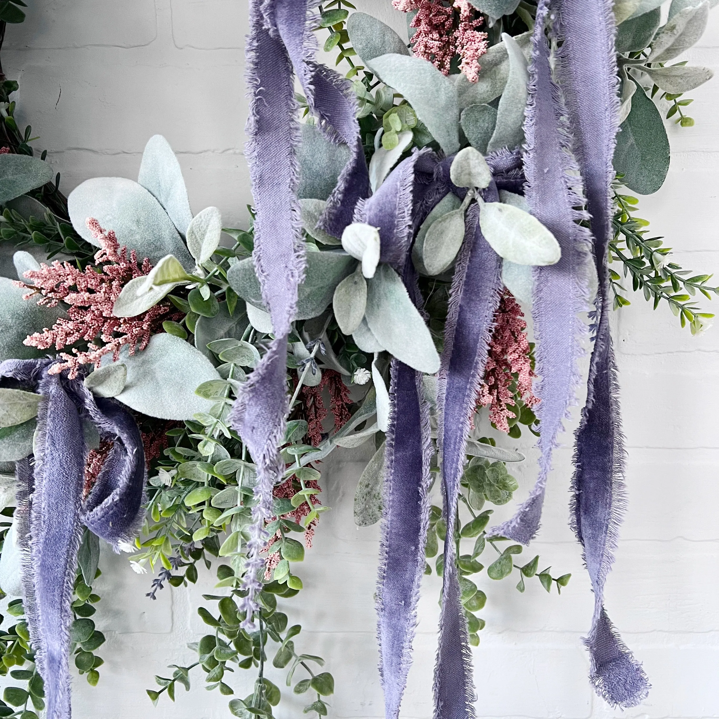 Spring Elegance Front Door Wreath - Artificial Lamb's Ear, Eucalyptus, and Lavender with Draping Velvet Bows