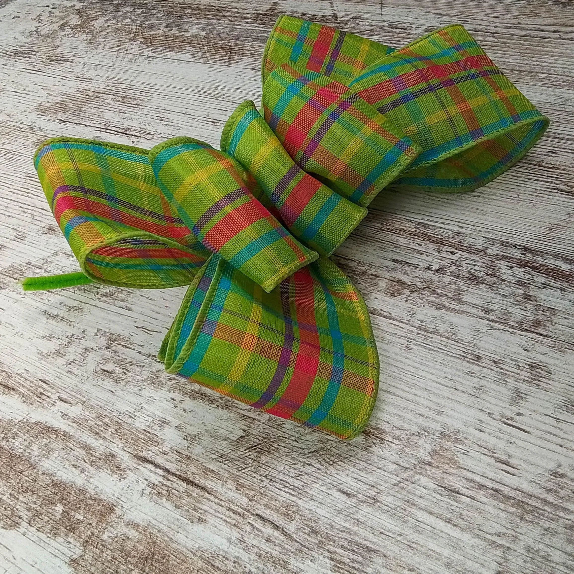 Spring Plaid Wreath Bow - Easter Wreath Embellishment for Making Your Own - Farmhouse Already Made Green Pink Turquoise