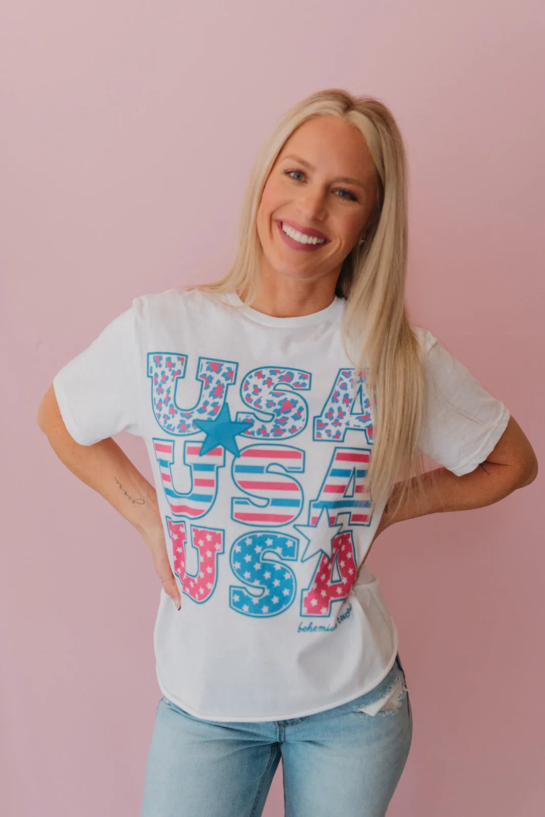 USA Cheetah Stripes And Stars Graphic Tee