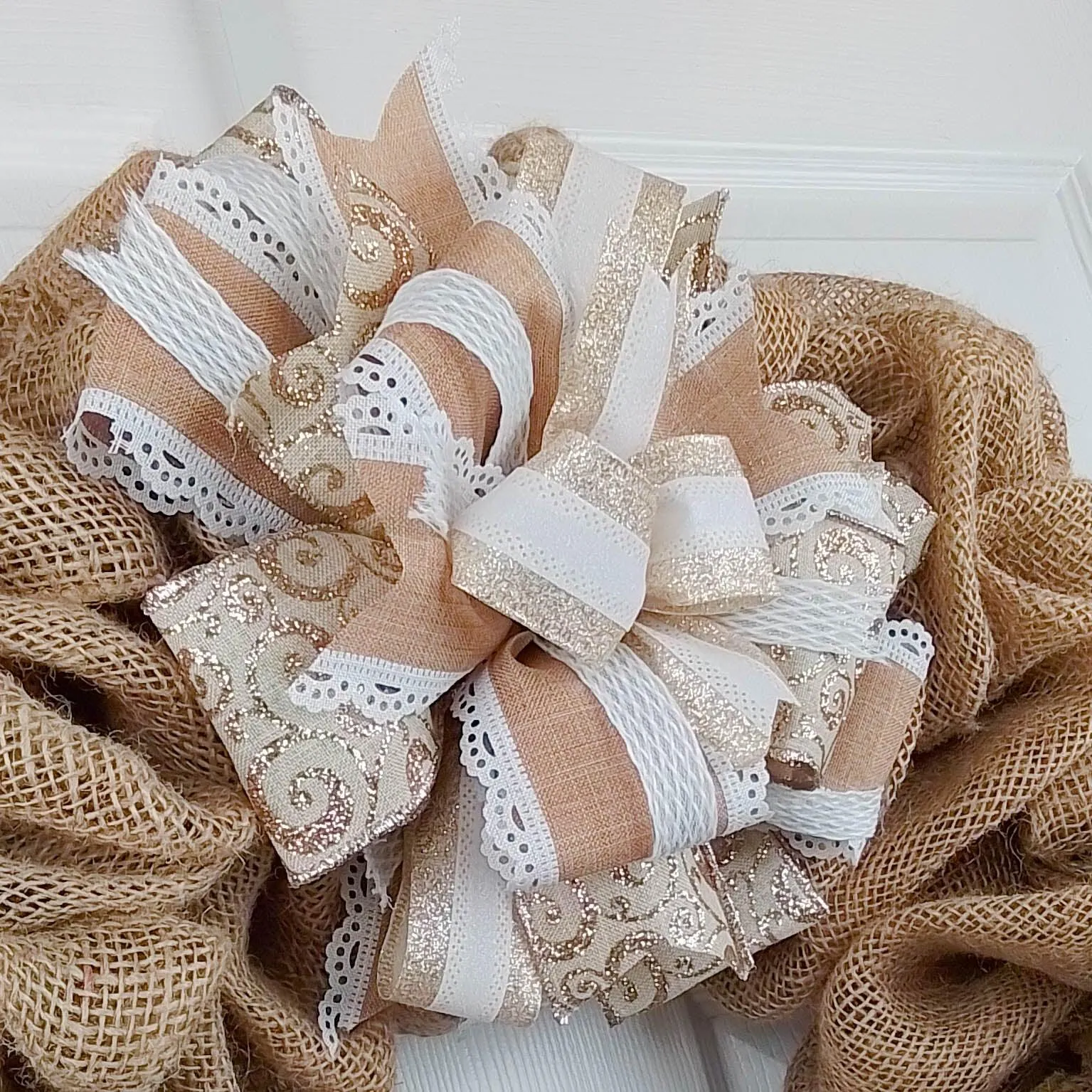 Wedding Lantern Wreath Bow - Burlap Wreath Embellishment for Making Your Own - Layered Full Handmade Farmhouse Already Made (Wedding (Burlap/Champagne/White/Brown), Set of 1)