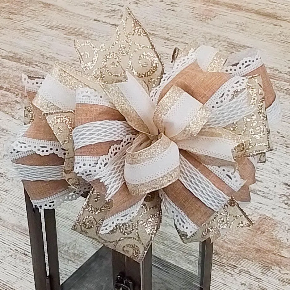 Wedding Lantern Wreath Bow - Burlap Wreath Embellishment for Making Your Own - Layered Full Handmade Farmhouse Already Made (Wedding (Burlap/Champagne/White/Brown), Set of 1)