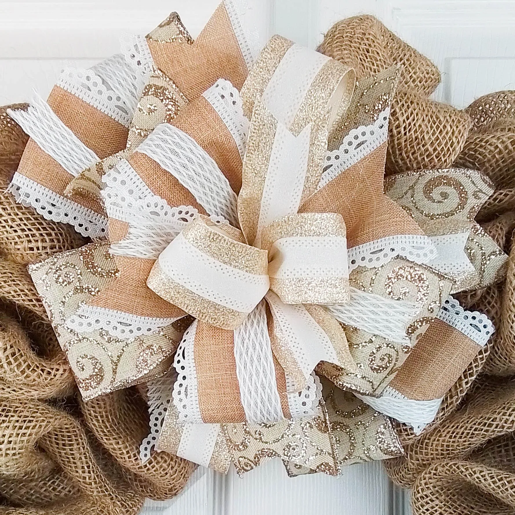 Wedding Lantern Wreath Bow - Burlap Wreath Embellishment for Making Your Own - Layered Full Handmade Farmhouse Already Made (Wedding (Burlap/Champagne/White/Brown), Set of 1)