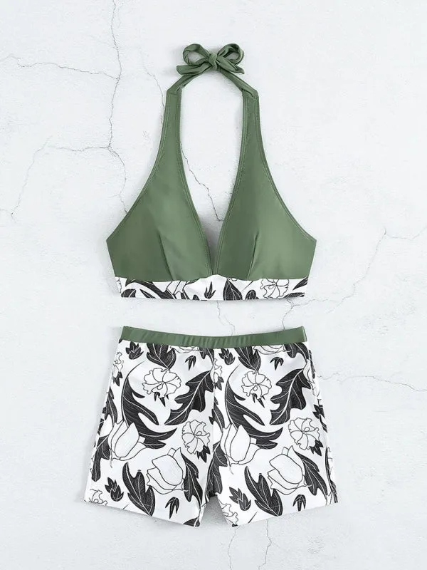 Women's Printed Bikini Top And High-waist Bottoms Shorts Set