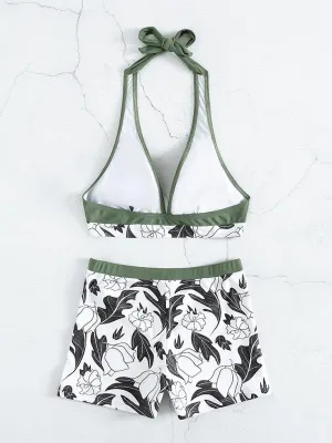 Women's Printed Bikini Top And High-waist Bottoms Shorts Set