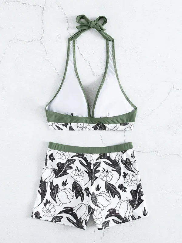 Women's Printed Bikini Top And High-waist Bottoms Shorts Set