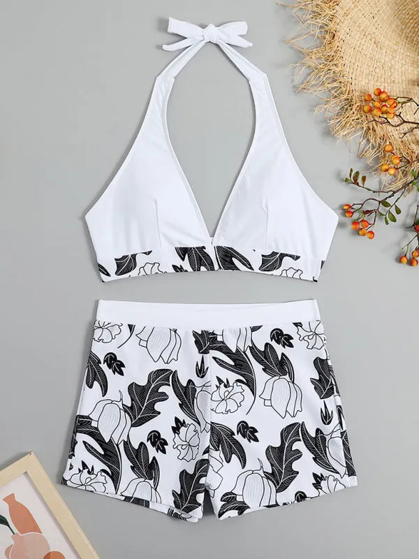 Women's Printed Bikini Top And High-waist Bottoms Shorts Set